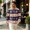 Men's Fall Casual Outdoor Pullover, Long Sleeve Collared Top with Pocket and Christmas Print