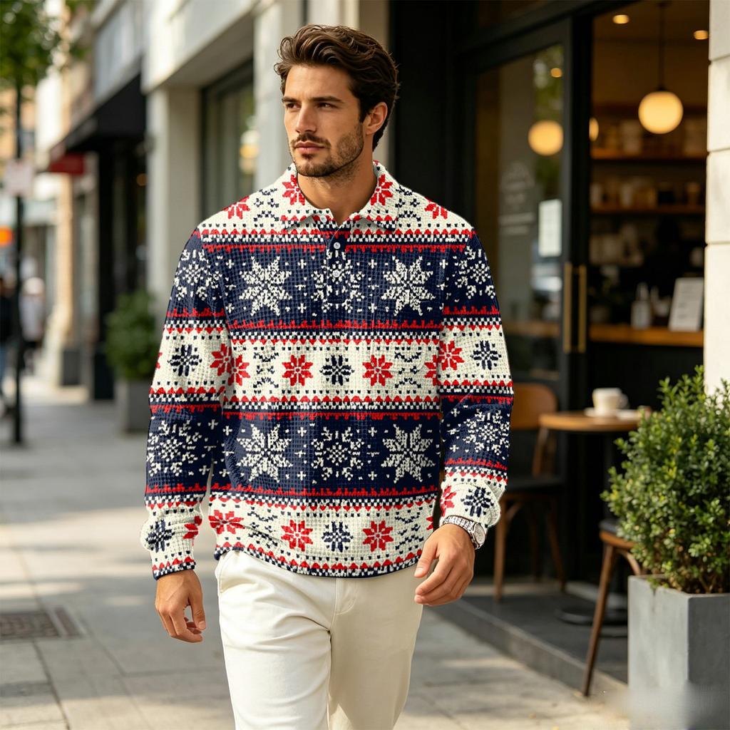Men's Fall Casual Outdoor Pullover, Long Sleeve Collared Top with Pocket and Christmas Print