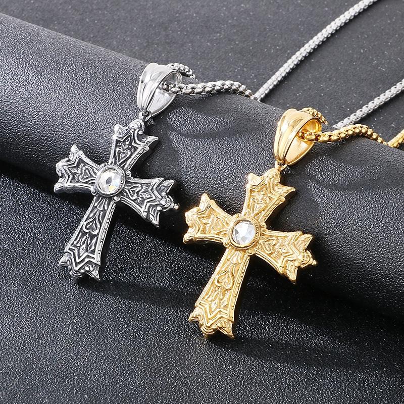 Hip Hop Rhinestone Cross Pendant Necklace for Men Vintage Stainless Steel Jewelry Gold Color O Chain Accessory Trendy Charm Gift