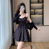 Beautiful Girl Black Floral Print Mini Dress Thin Strap Ruffle A Line Dress High-waist Slim Casual White Short Dress Summer Casual Beach Party Dress