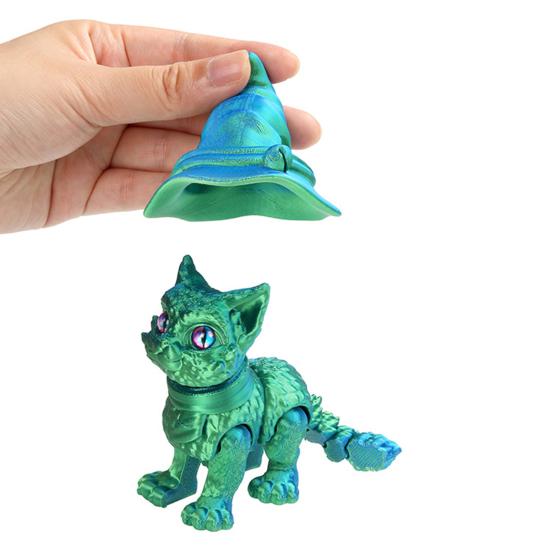 3D Printed Wizard Cat Articulated Cat Ornament with Detachable Wizard Hat Interactive Desktop Pet Stress Relief Toy for Home Office Decoration