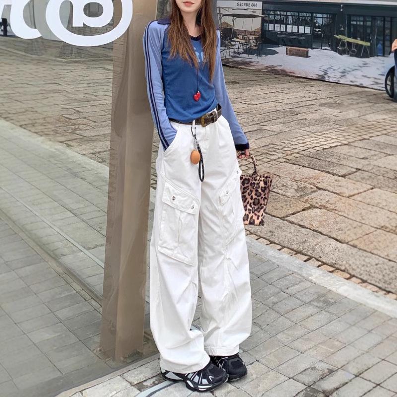 

Women s American High Street White Casual Cargo Pants - Autumn/Winter, Multi-Pocket, Loose Straight-Leg Design S армія зелений колір