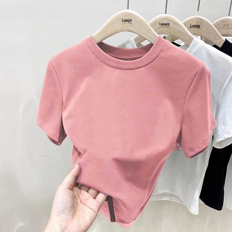 2025 Summer Minimalist European Women's Short Sleeve Round Neck Cotton T-shirt