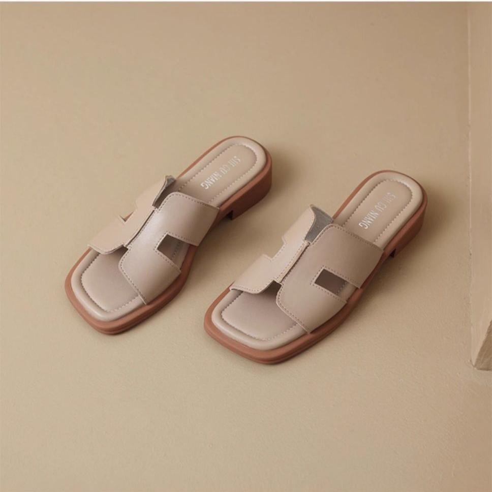 Summer Soft Leather Women's Shoes Low Heel Square Toe Roman Retro Brown French Women's Sandals with Exposed Toes