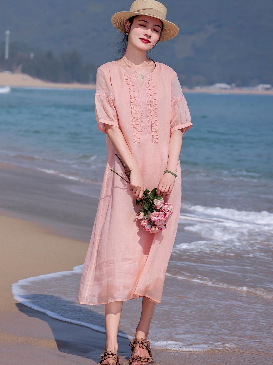 Women s Artistic Linen Dress, Summer 2026: Gentle Style, Age-Reducing, Ruffle Hem, Embroidered, Long Five-Point Sleeve. Small