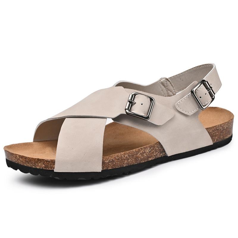 Lazy pedal cork slippers outside wearing high-end casual leather surface retro open-toed lazy foot cover Boken sandals