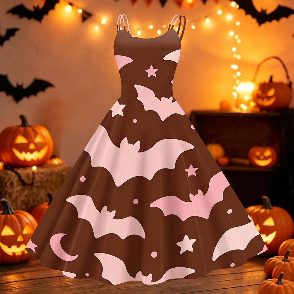 Women Halloween Printed Off Shoulder Punk Vintage Dress Sleeveless Spaghetti Strap A-Line Midi Dress