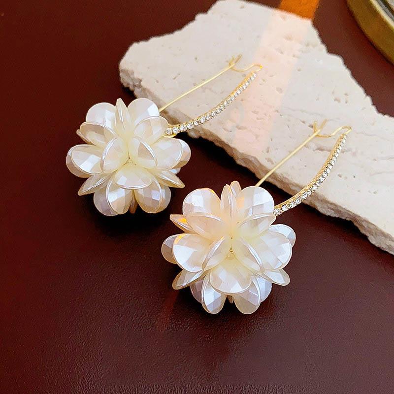 Summer Long Flower Earrings Hand-made Pearl Beaded Korean Shiny Earrings Sweet Jewelry Gifts