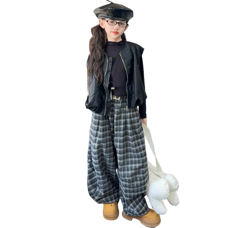 Girls' 3-Piece Autumn Set: Vest, Base Shirt & Plaid Pants for Big Kids (2025 Fashion)