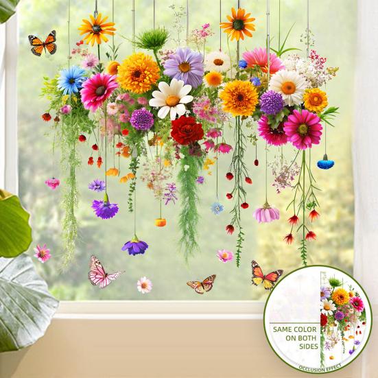 Window Sticker Double Sided Design Glass Decals Waterproof PVC Chrysanthemum Pattern Sticker Home Wall Decor