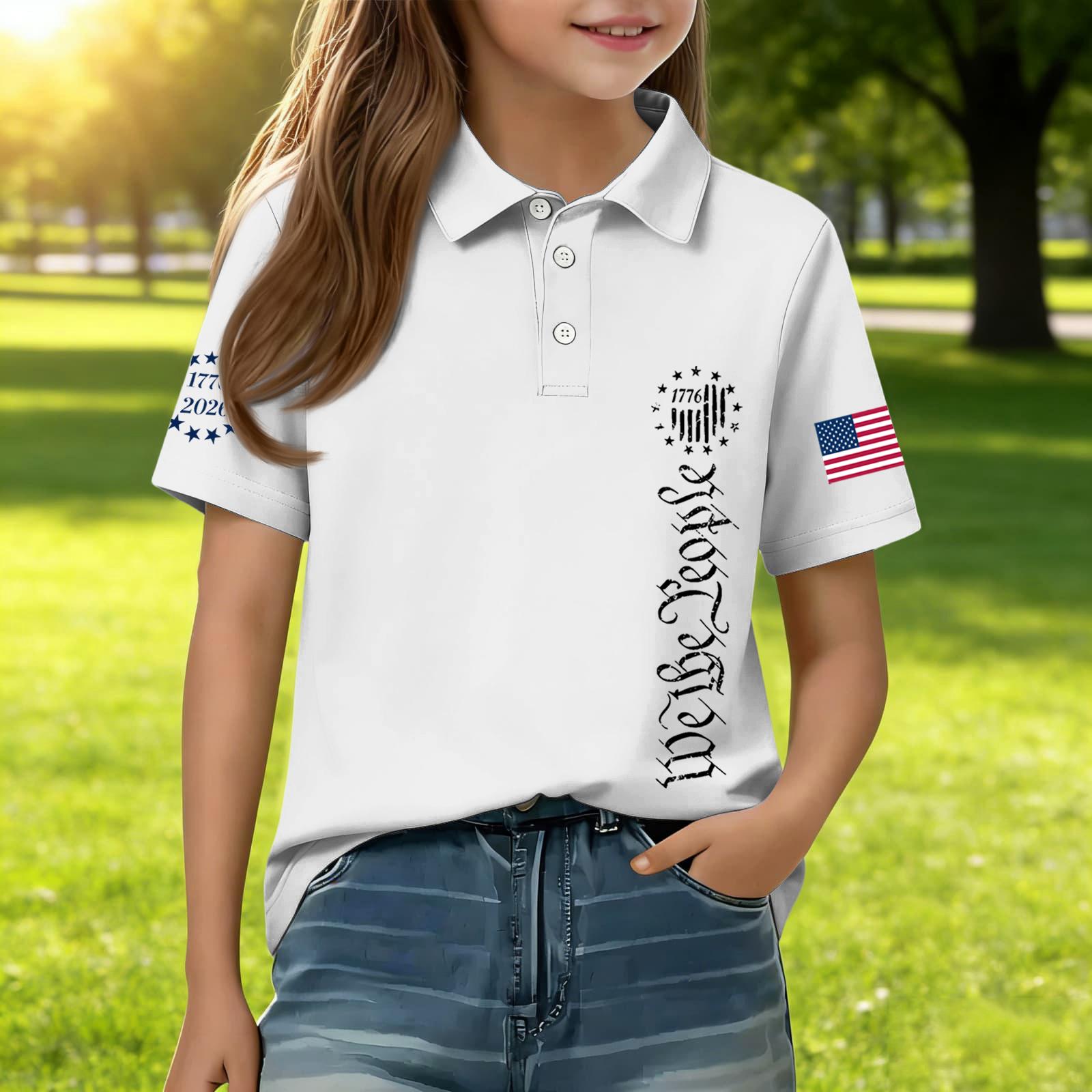 

Kids Short Sleeve Polo Shirt Casual Daily Wear with Patriotic Print We The People and Flag Design Comfortable Fit 110 белый