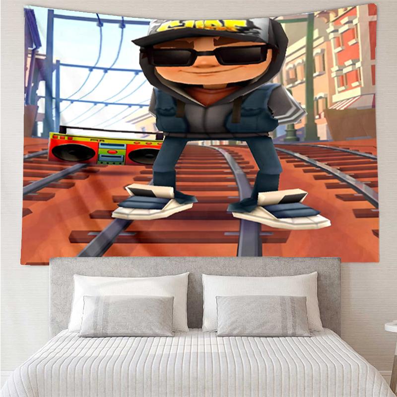 Gobelin z nadrukiem Subway Surfers, Tło, Łatwy montaż, Idealny do sypialni, biura i salonu, z estetycznym dekoracyjnym zawieszeniem na ścianę.