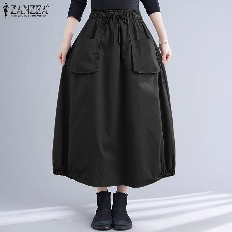 ZANZEA Women Casual Elastic Waist Loose Summer Midi Skirts