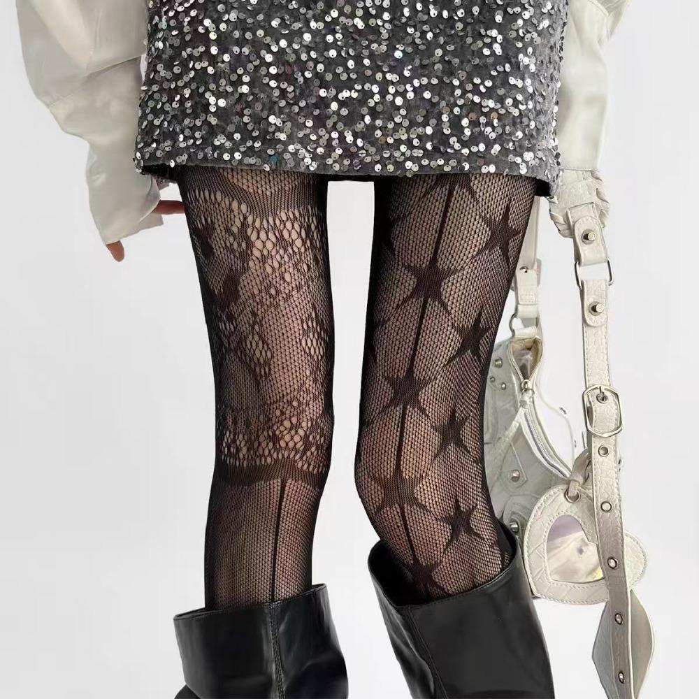 Y2k Lace Fishnet Stockings Five-pointed Star Print Mesh Pantyhose Forr Girl Women чёрный