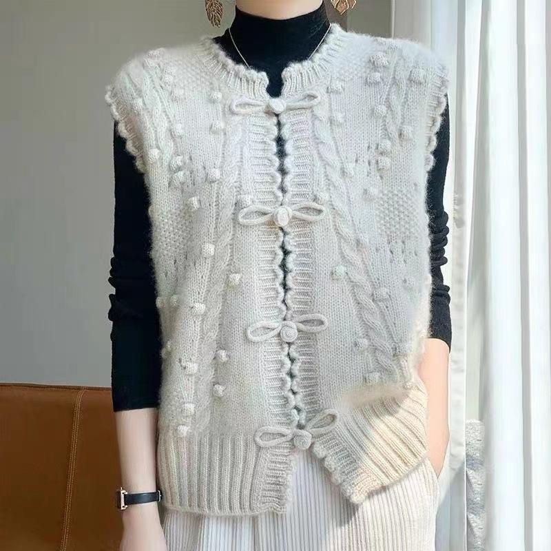Women's Knitted Sweater Vest Autumn and Winter New Chinese Style Buckle Knitted Vest