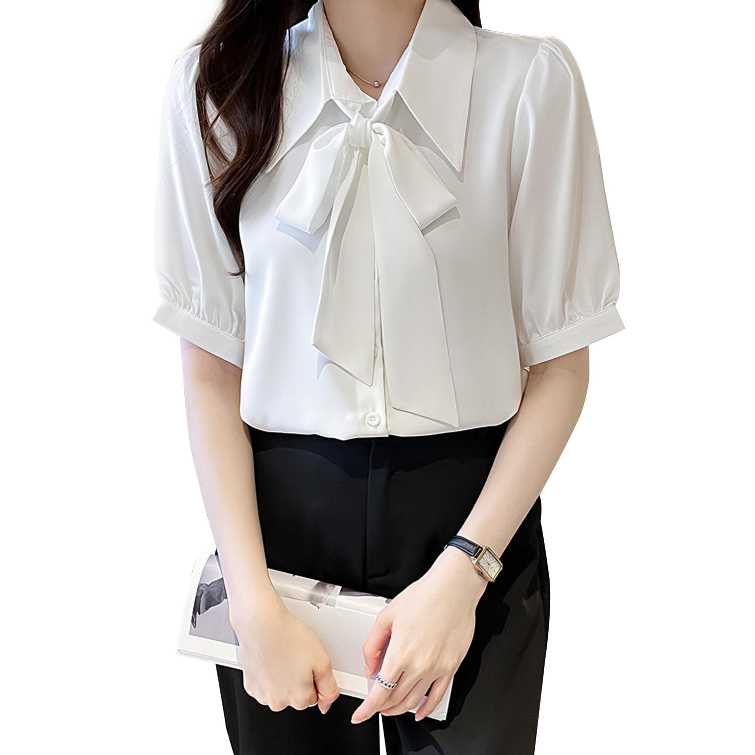 

Блузка, рубашка, шифон, лента, галстук-бабочка, для работы, офис, формальный, повседневный, топ, тонкий, носить, с коротким рукавом, повседневная, пышная, свободная, XL [PAFHL], женская белый