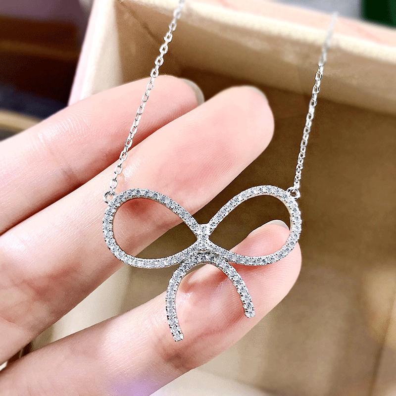 Openwork Hollow Bow Full Paved Cubic Zirconia Pendant Ins Style Women Clavicle Necklace