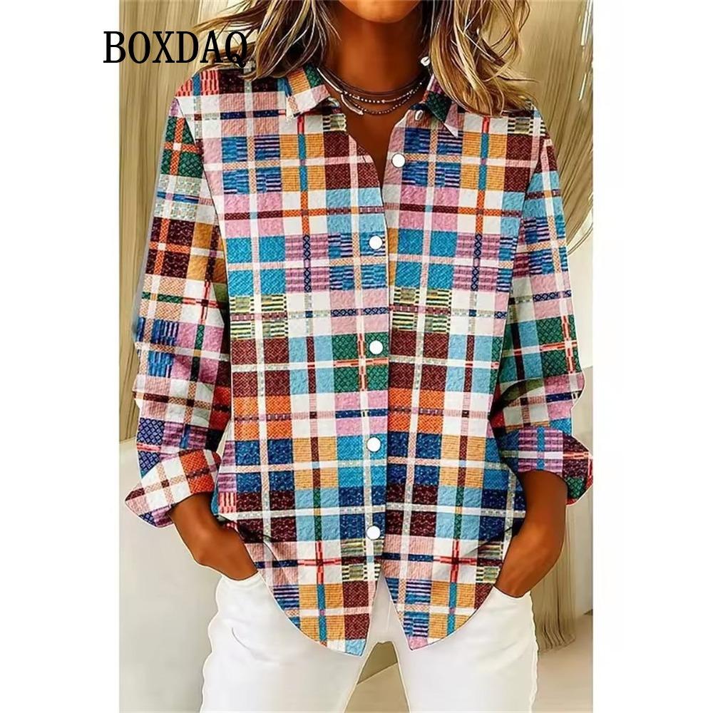 Spring Women's Blouse Summer Classic Plaid Printed Shirts Casual Outdoor Streetwear Long-Sleeve Button Shirt Everyday Tops