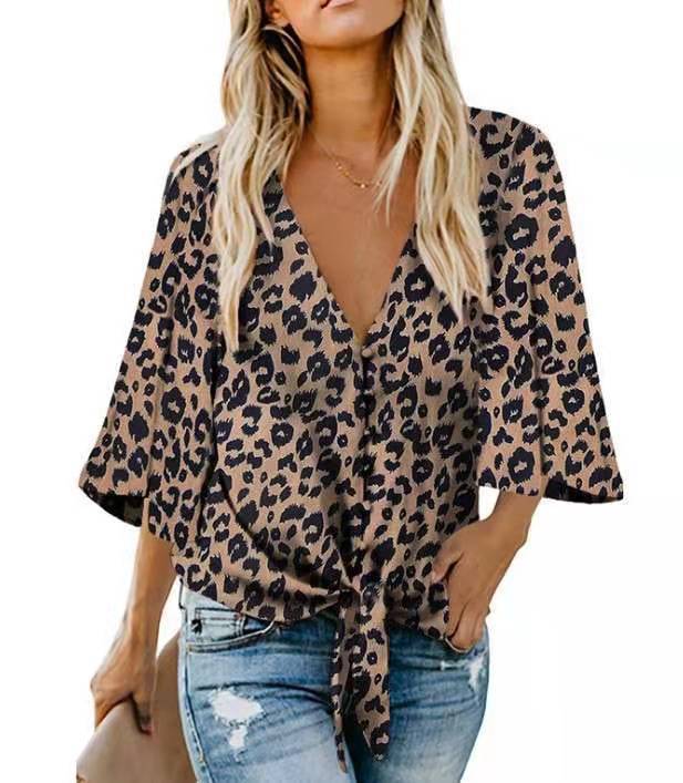 Women's Three Quarter Sleeve Blouse V Neck Elegant Chiffon Top Tie Knot Beach Vacation Shirt