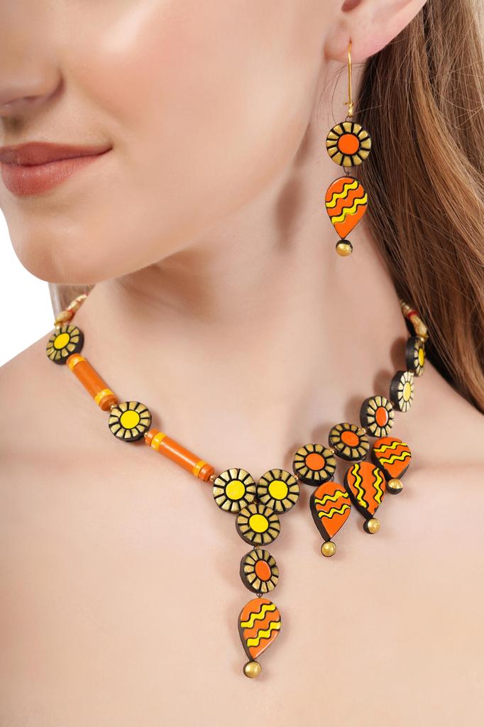 Handmade Terracotta Jewelry Set: Dangle Necklace & Earrings