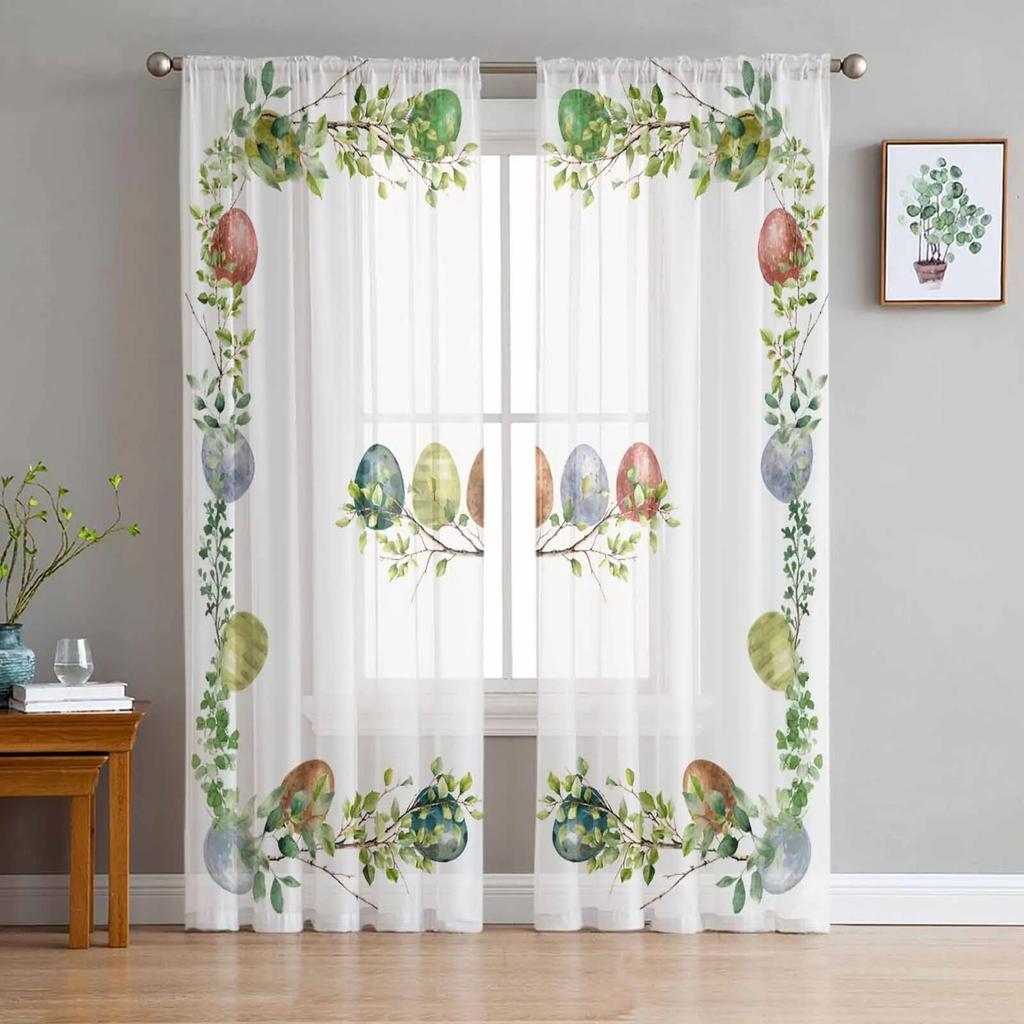 Easter Egg Plant Leaves Sheer Curtains For Living Room Kitchen Window Curtains Bedroom Tulle Voile Curtains