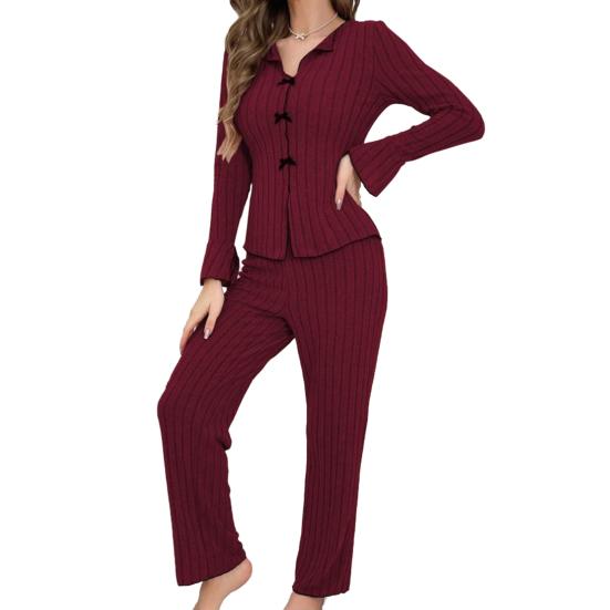 Women 2 Piece Lounge Set Ribbed Button Down Lapel Collar Bowknot Pajamas Set Long Sleeve Soft Comfy Pjs Sleepwear