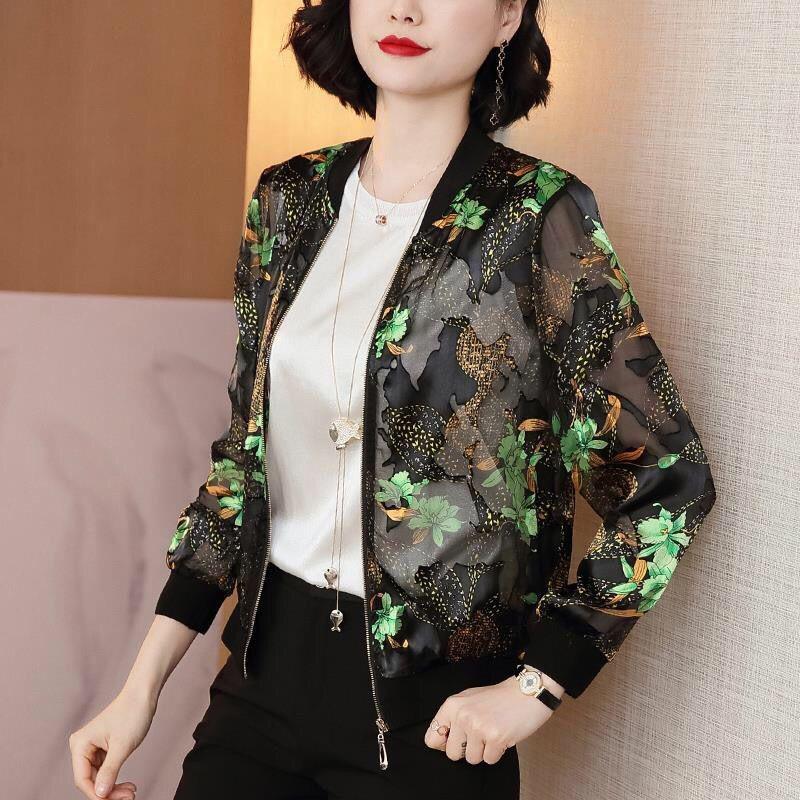 2025 Women's Chiffon Baseball Jacket: Stylish Korean Loose Fit, Sun Protection, Long Sleeve, Zipper, Slimming Top for Summer.