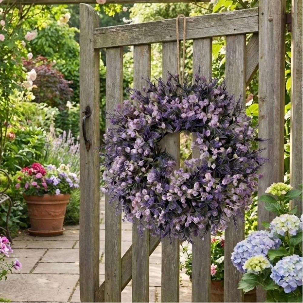 Lifelike Artificial Lavender Wreath Vivid Colors Fresh Lavender Floral Wreath Plastic Handmade Simulated Garland Porch Window