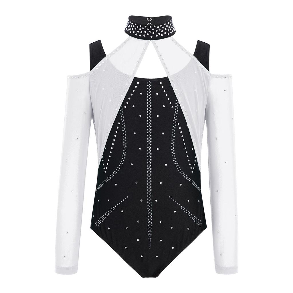 Kombinezon Gimnastyczny dla Dziewcząt Wycięcia Siateczkowe Patchwork Błyszczące Cyrkonie Color Block Body Baletowe