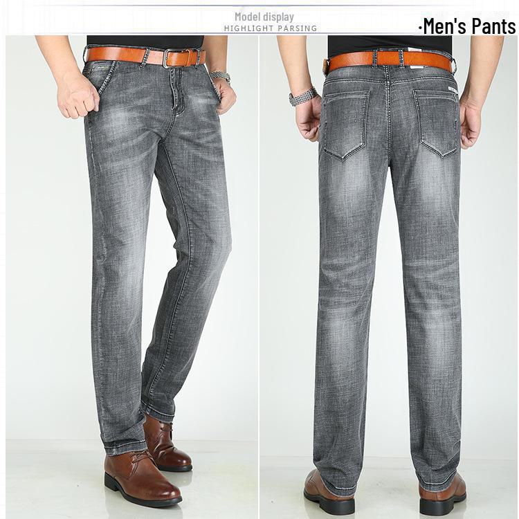 Men's High-Quality Cotton Elastic Waist Straight-Leg Jeans for Summer - Business Casual Solid Color Pants