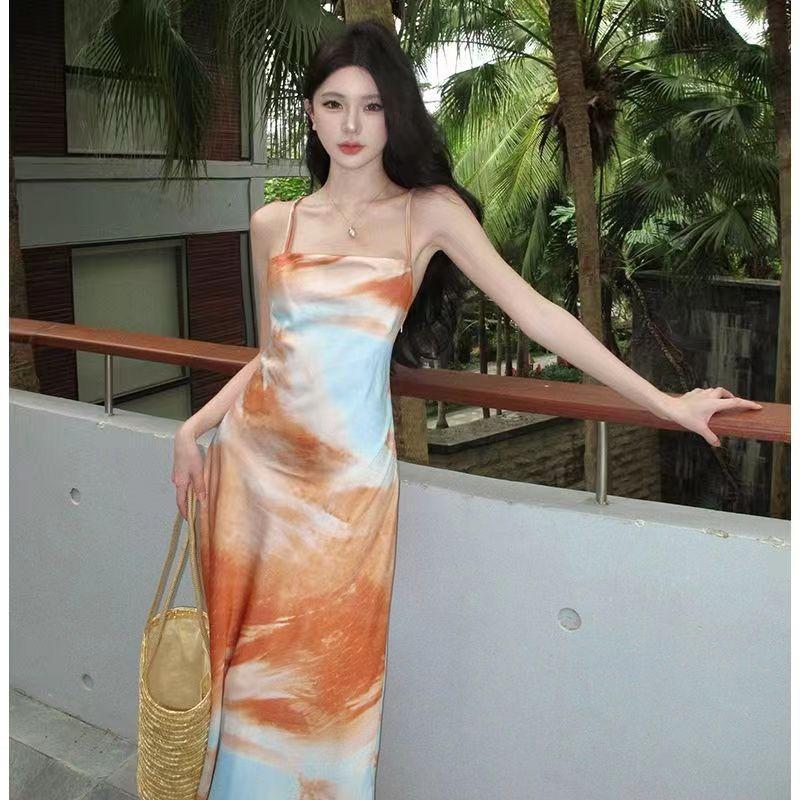 Off Shoulder Elegant Sling Party Strap Dress Women Sexy Printing Chic Backless Long Dresses Female Sweet Fashion Sleeveless Beach Clothing