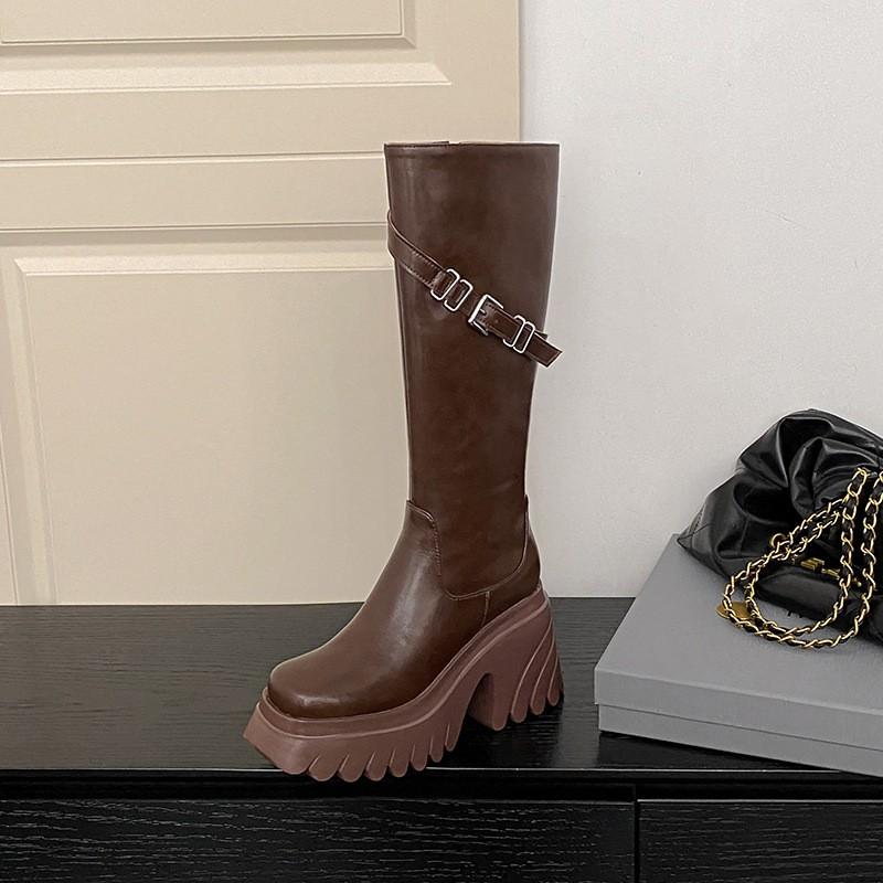 Womens Chunky Heel Knee High Boots 10cm Platform Square Toe British Style Fashion