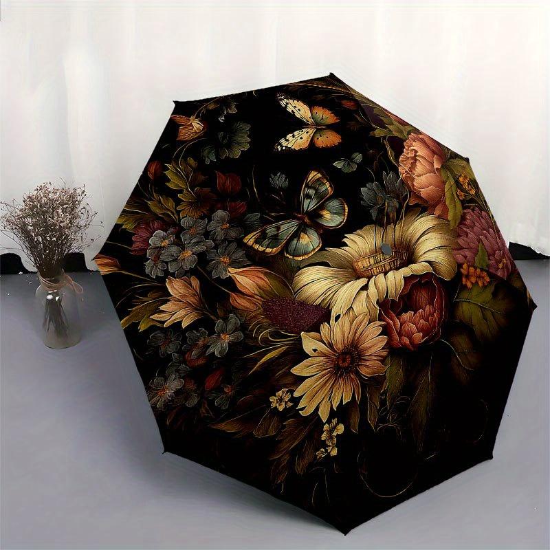 Vintage Floral Butterfly Circular Wall Art Decor Umbrella, Cute Umbrella with Cute Design, Portable 3-Fold Compact Umbrella for Men & Women, Valentine
