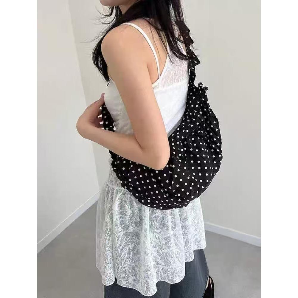 Vintage Polka Dot Niche Cute Lace-up Pleated Shoulder Crescent Saddle Bag Versatile Messenger Handbag