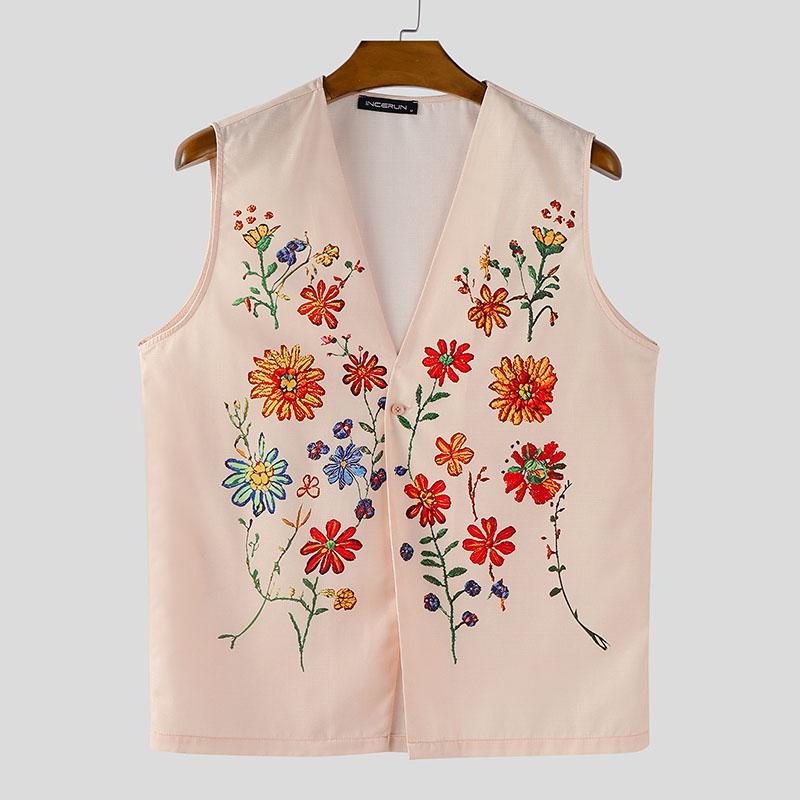 INCERUN Men Sleeveless Floral Print Button Casual Loose Tank Tops