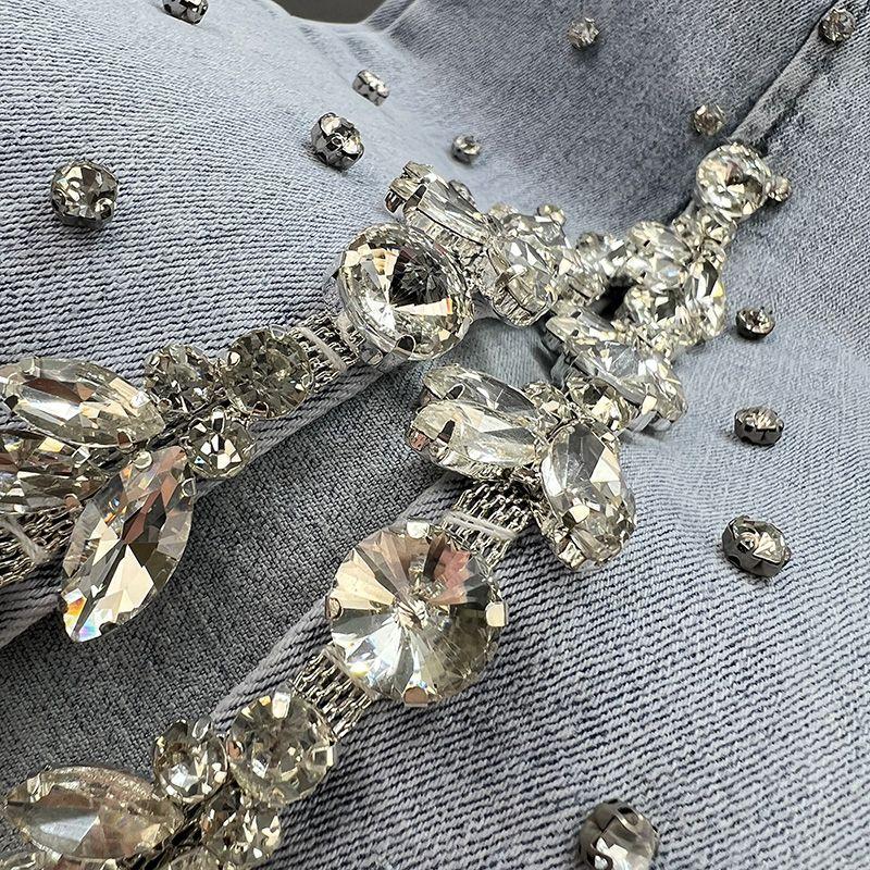 Exquisite Rhinestone Spring and Summer Clothing High Waist European Goods Denim
