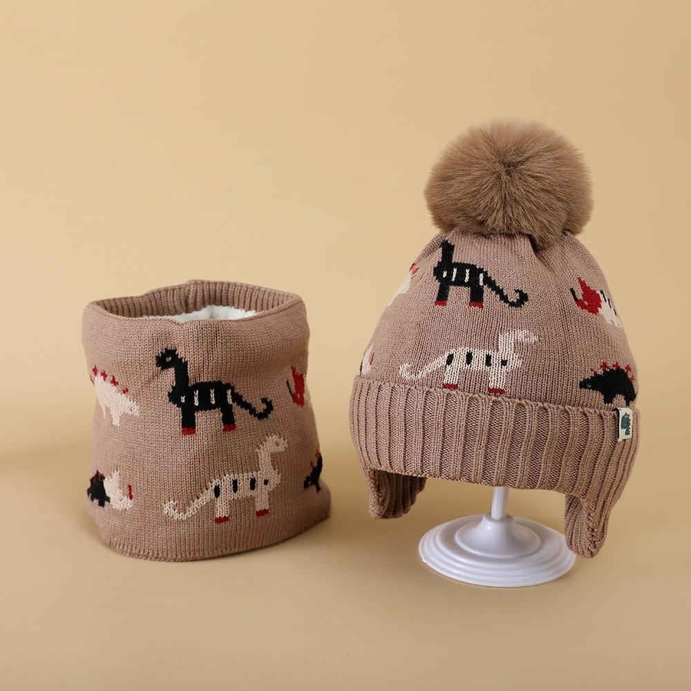 2Pcs Set Warm Baby Beanie Cap Cartoon Dinosaur Kids Ear Protection Hats Cute Scarf Set  Winter