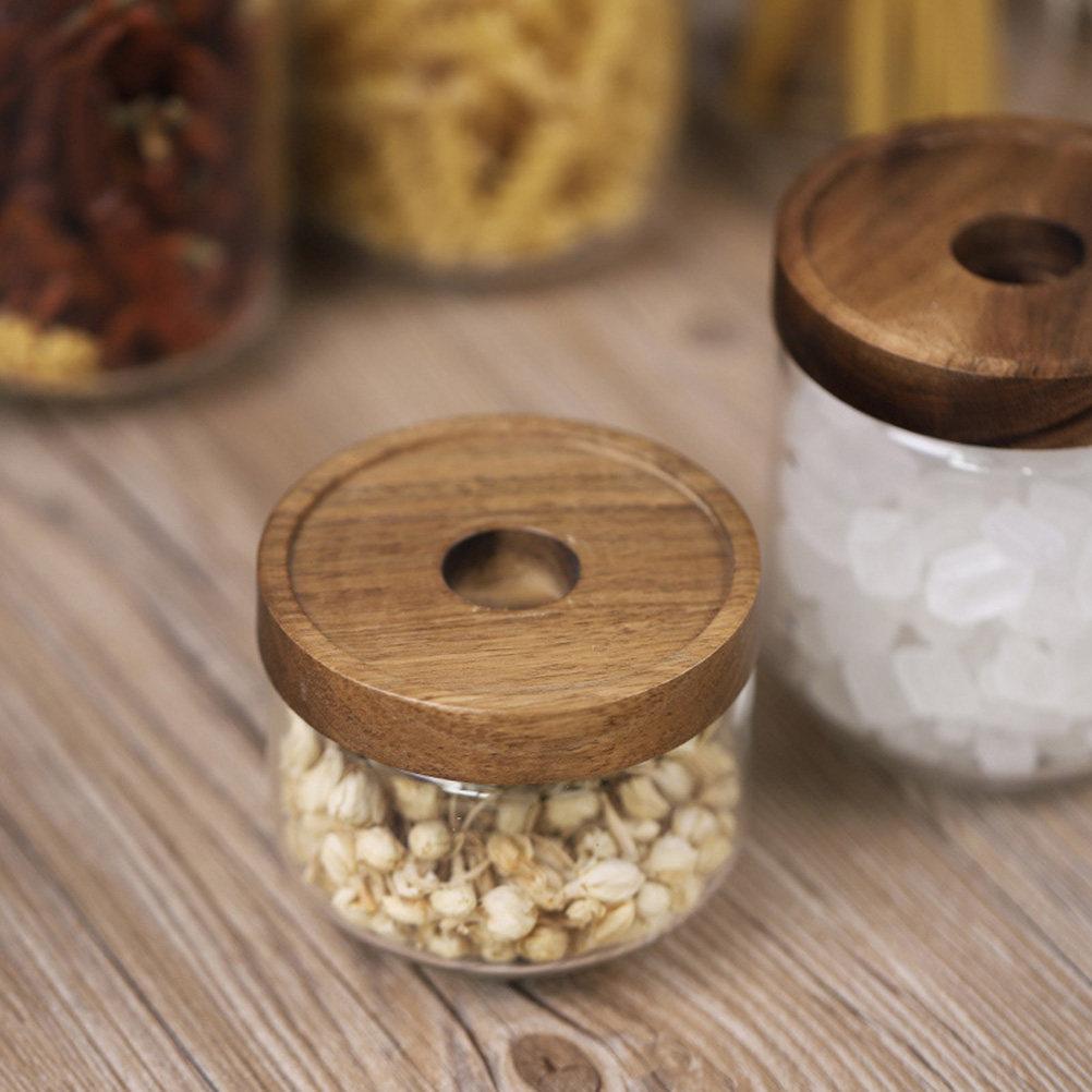Transparent Heat-Resistant Glass Storage Tank 500Ml Wooden Lid Sealed Jar for Kitchen Spices Tea Coffee Grains Storage
