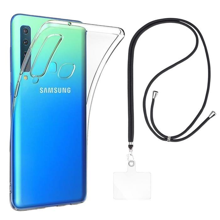 Coque et tour de cou pour Samsung Galaxy A9 2018 A920 - TPU Souple Transparent Cordon Noir réglable Phonillico®