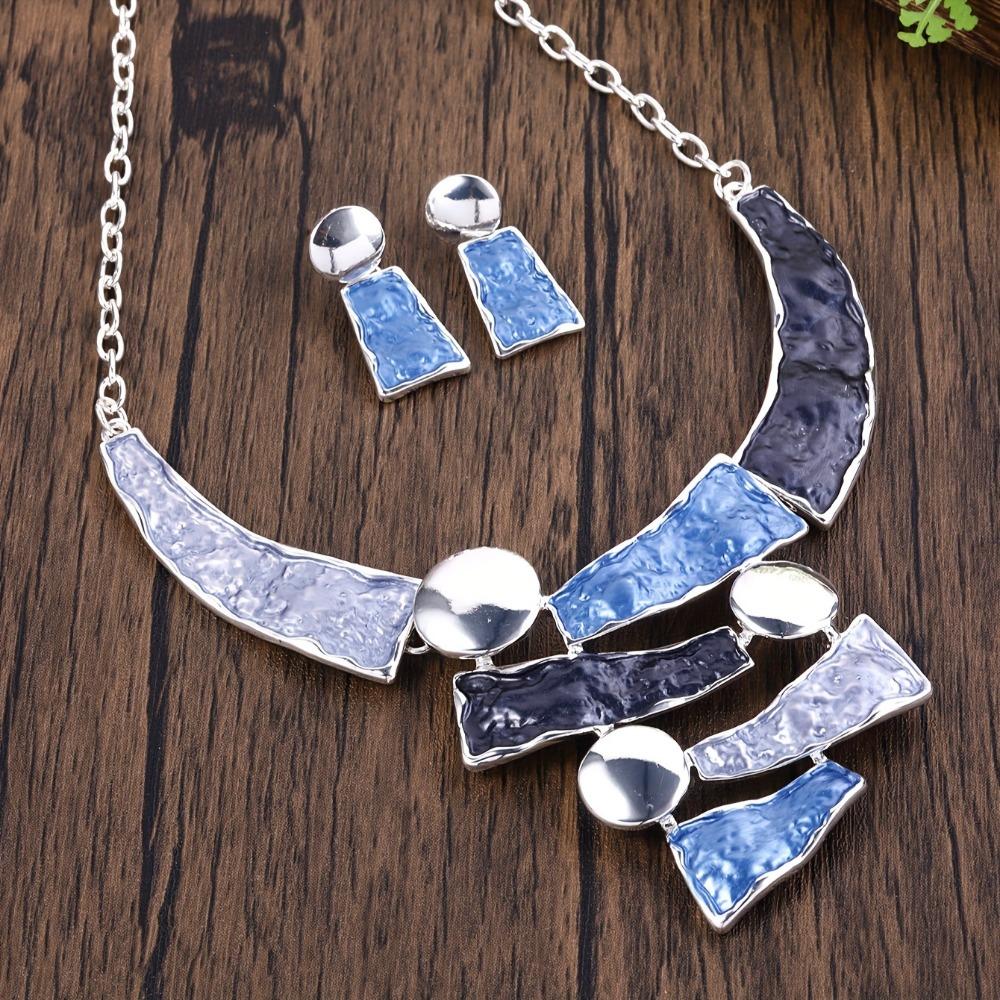 Elegant Geometric Zinc Alloy Jewelry Set, Hollow-Out Colorblock Oil-Drip Necklace and Earrings Set, Versatile Fashion Accessory for Women