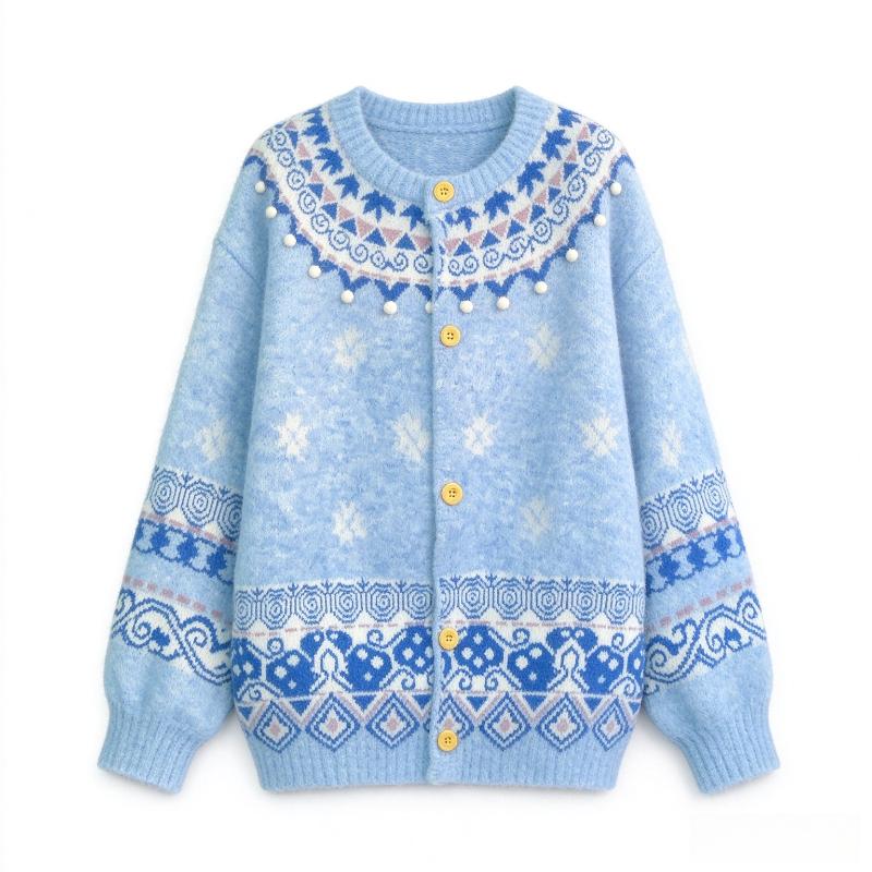 Jacquard Women's Sweater Blue Round Collar White Pom-poms Long Sleeved Cardigan Korean Version Autumn New Style Sweet Female Top
