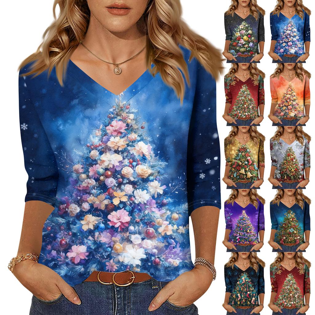 3/4 Sleeve Shirts For Women Print Christmas Tees Blouses Casual Plus Size Basic Tops Pullover