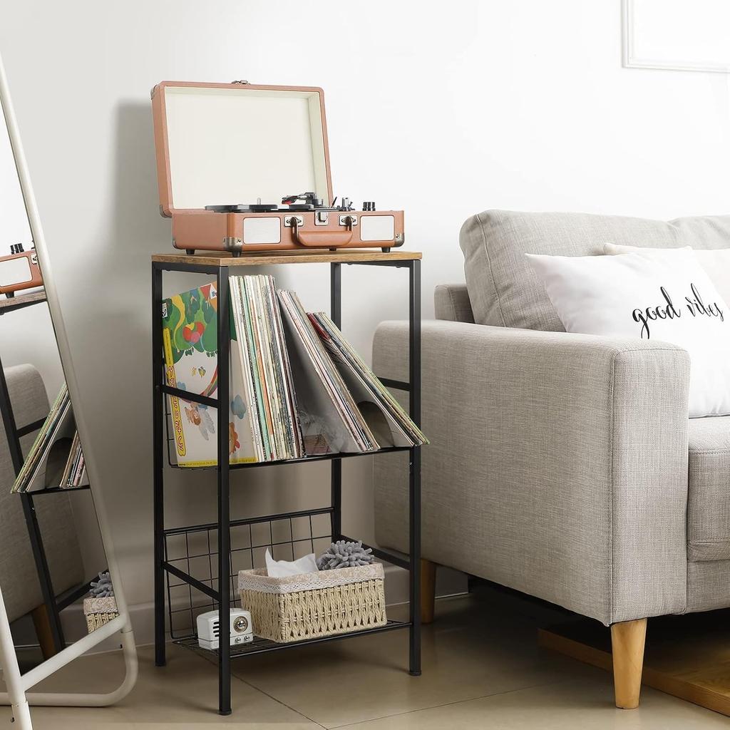 3-Tier Metal Record Player Stand - Holds 90 Vinyl Albums, Turntable Shelf for Living Room/Bedroom/Office, Brown