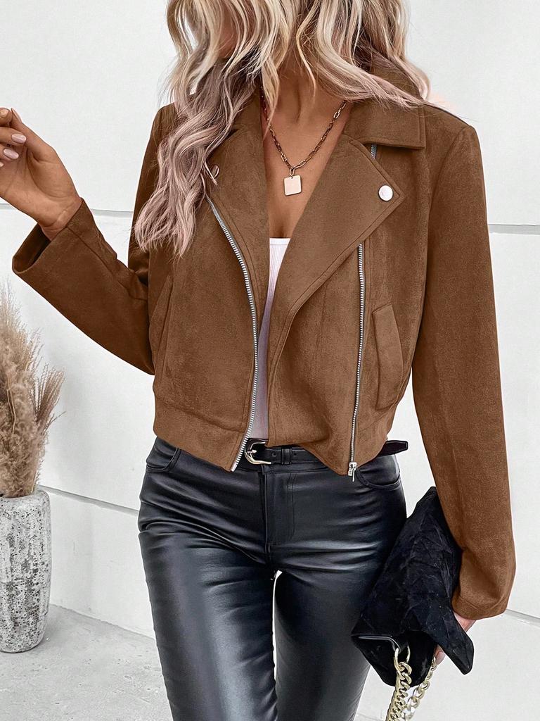 Women's Short Brown Suede Leather Moto Jacket, Multiple Color Options, Casual Outerwear