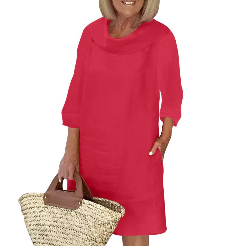 Women's Cotton And Linen Temperament Commuting Long Spliced Round Neck Casual Solid Color Dress