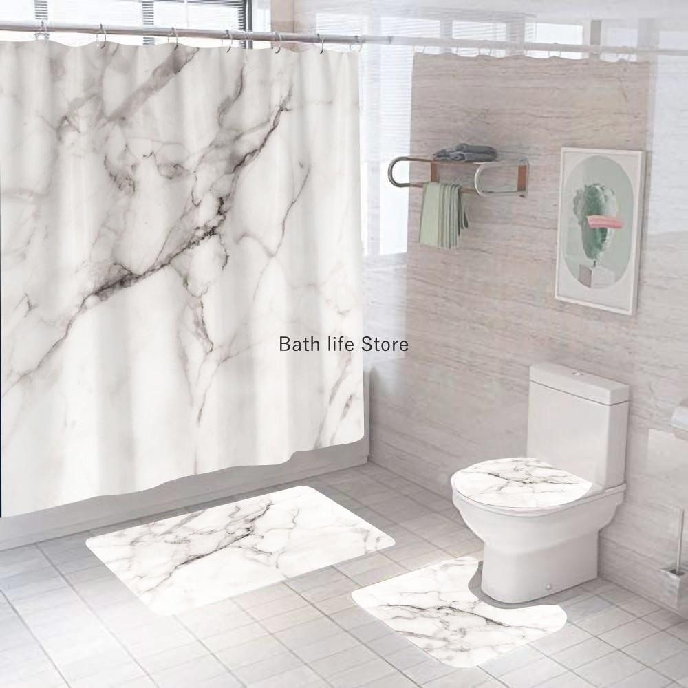 White Marble Shower Curtain Luxury Golden Modern With Non Slip Rug For Bathroom Curtain Waterproof Polyester Home Decor 180x180