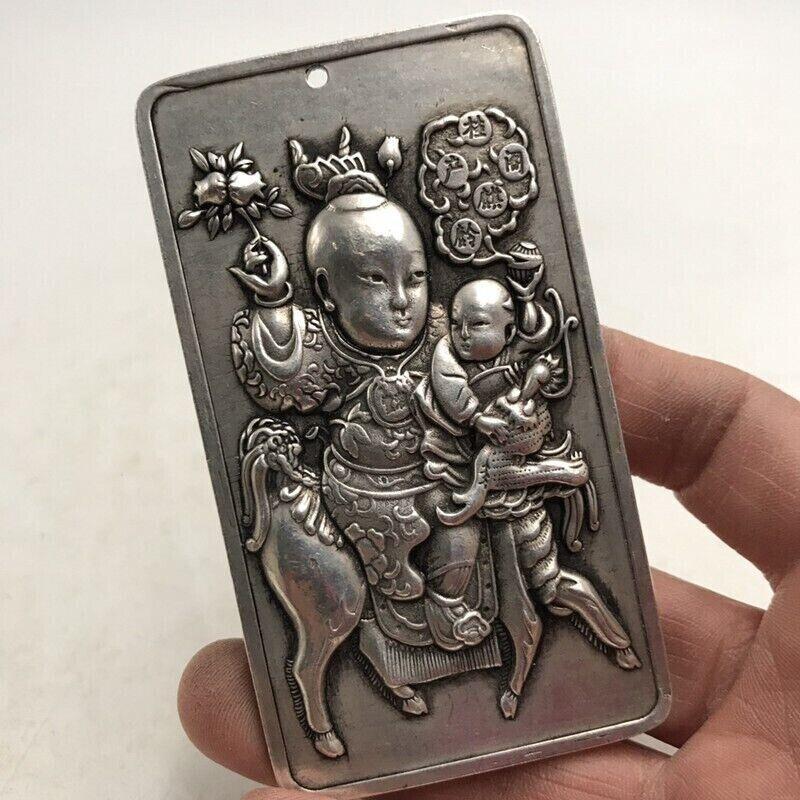 Old Chinese Tibet Silver Handcarved Double-Sided Boy Pendant Waist Tag