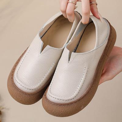 New Authentic Leather Flats Women's Driving Shoes 2025 Spring Loafers Handmade Retro Moccasins Woman Wide Toe Comfortable Shoes