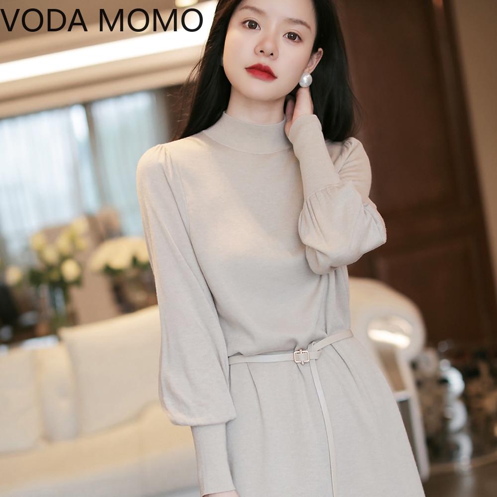 Women 2021 Autumn Winter Elegant Dresses Female Ribbed Knitted Sweater Dresses Ladies Turtleneck Long Sleeve Midi Vestidos