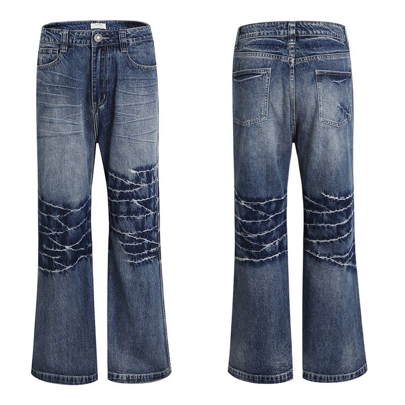 

Dnd4Des Cleanfit Lightning Water Ripple Washed Blue Denim Distressed Straight-Leg Micro-Flared Pants Washed Blue X L